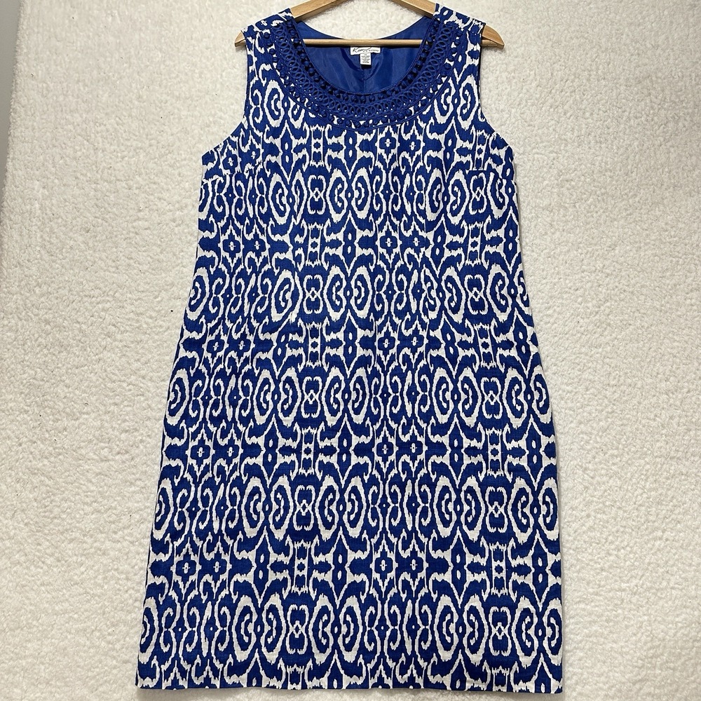 Kim Rogers Women's Blue White 100% Linen Sleeveless Lined Sheath Dress Size 14